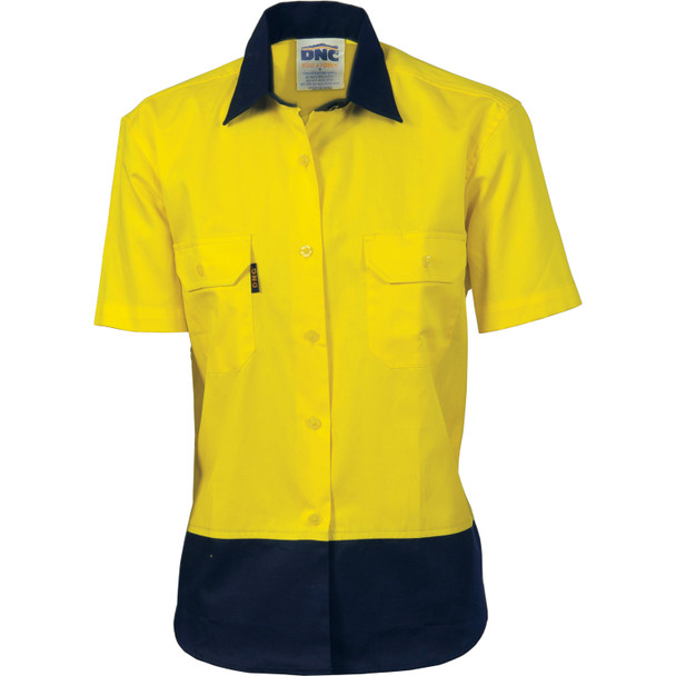 Yellow-Navy - 3931 Ladies HiVis Two Tone Cotton Drill Shirt - Short Sleeve - DNC Workwear