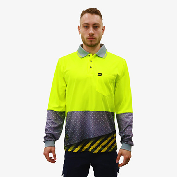 Fluro Yellow - SFWP21 Mens 100% Polyester Cooldry Micromesh Hi Vis Yellow L/S Polo With Sub. Diamond Plate Metal and Tape Look Panel - Safety First Workwear