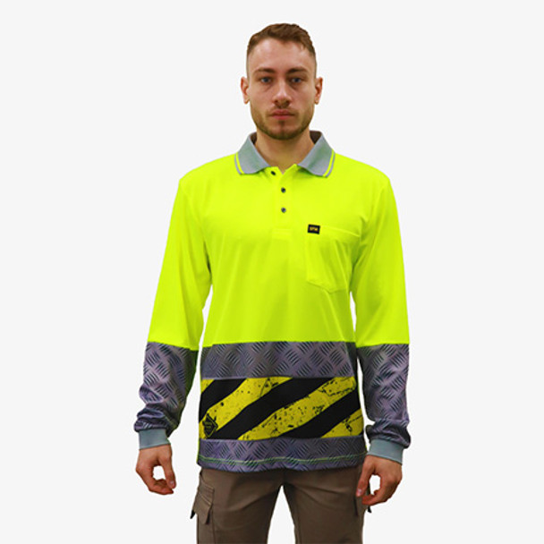 Fluro Yellow - SFWP26 Mens 100% Polyester Cooldry Micromesh Hi Vis Yellow L/S Polo With Sub. Checker Plate Metal and Tape Look Panel - Safety First Workwear