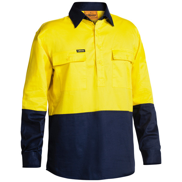 Yellow / Navy - Front - BSC6267 - 2 Tone Closed Front Hi Vis Drill Shirt - Long Sleeve - Bisley Workwear