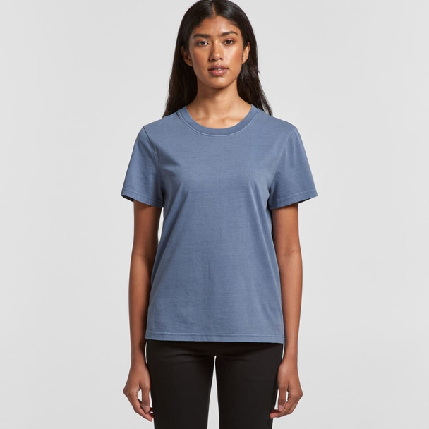 A plain blue women's t-shirt with a crew neckline and short sleeves, featuring a small logo at the upper corner. A plain blue women's t-shirt with a crew neckline and short sleeves, featuring a small logo at the upper corner.