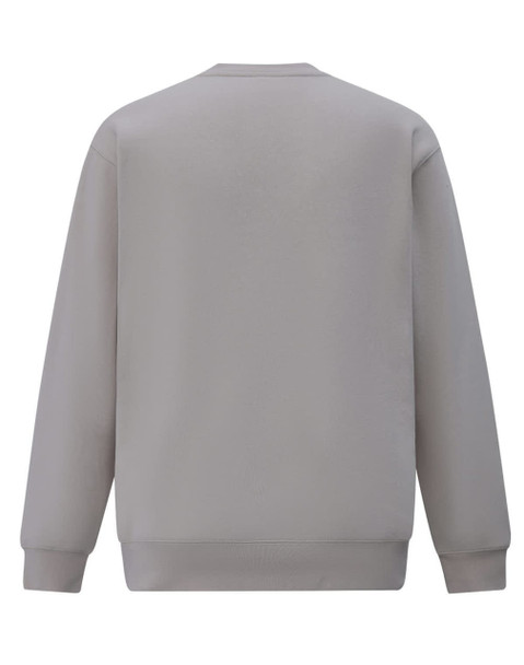 A grey crew fleece jumper with a simple design and ribbed cuffs. It features a logo on the back.