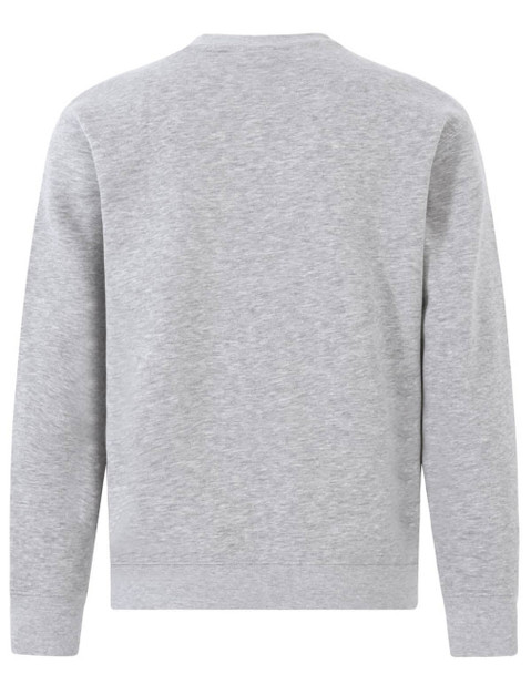 A grey crew fleece jumper featuring a plain back design and a logo.