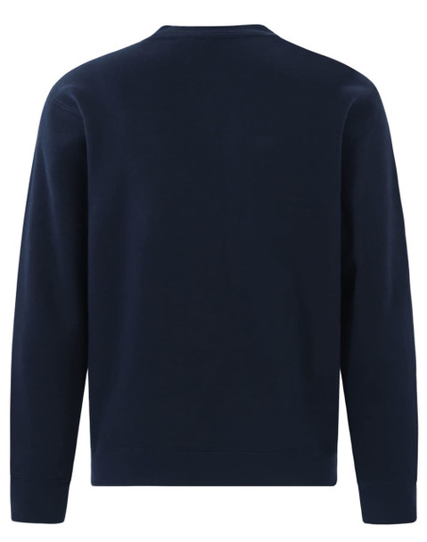 A navy crew neck fleece jumper with long sleeves and a plain back design. It features a logo on the front.