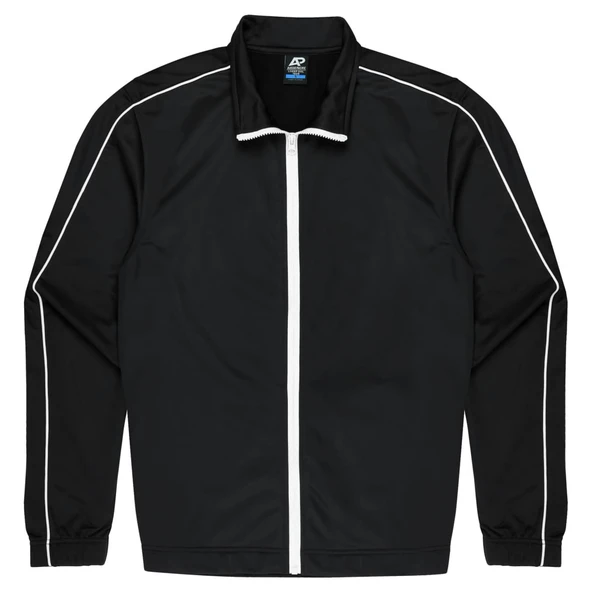 A black jacket with white piping details and a front zip, featuring a label with branding.