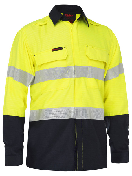 Yellow / Navy - Front - BS8338T - Apex 160 Taped Hi Vis FR Ripstop Vented Shirt