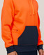 A two-tone water-resistant fleece hoodie featuring bright orange and navy colours, with a front pocket and drawstring hood.