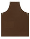 A brown canvas bib apron featuring a front pocket and metal eyelets. It has a simple and sturdy design.