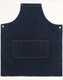 A denim bib apron in a dark blue shade featuring a front pocket and metal eyelets. It has a simple, classic design.