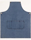 Denim bib apron in blue with a front pocket and metal snaps, featuring a logo.