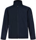 A navy blue men's softshell high-tech jacket featuring a zip front and multiple pockets, including a zippered arm pocket.