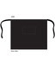 A black short waist apron with ties and a pocket, measuring 84cm x 69cm, featuring a logo.