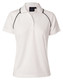 A white ladies' polo shirt with black accents, featuring a collar and a brand logo.