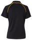 A black short-sleeved polo shirt with yellow piping and a logo on the back. Stylish and casual design for ladies.