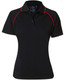 A black polo shirt with red accents and a collar, featuring a logo on the chest.