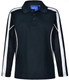 A black long sleeve polo shirt with white side stripes and a collar. Features a logo on the upper section.