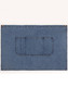 A denim half apron in blue with a front pocket and brass button accents. It has a simple, functional design.