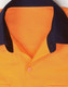 An orange long-sleeve safety shirt with a navy collar, featuring breathable mesh material. It includes a logo.