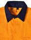 A bright orange long-sleeve safety shirt featuring a navy collar and a branded label inside.