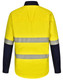 A long-sleeve safety shirt in bright yellow with navy blue sleeves, featuring segmented reflective tape.