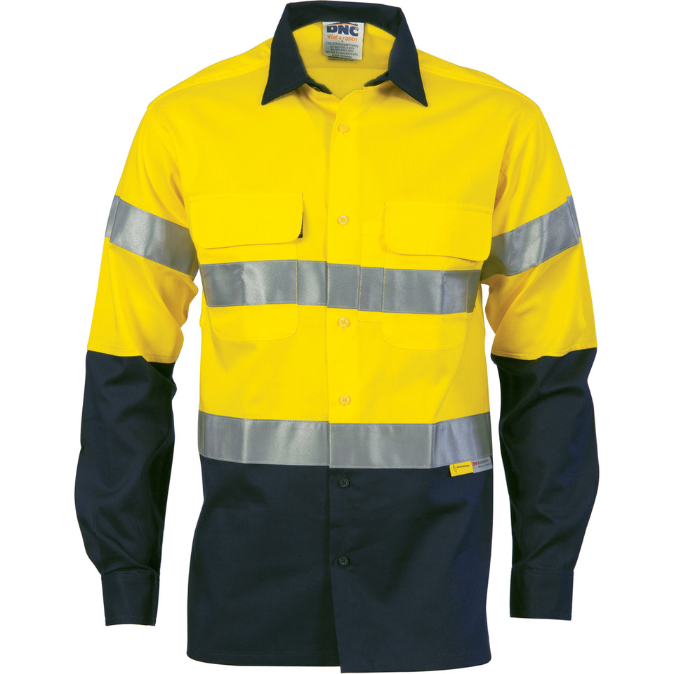 Dnc Workwear Hi-vis Cool-breeze Long Sleeve Cotton Shirt With X Back & Additional 3m Reflective Tape On Tail - 3746
