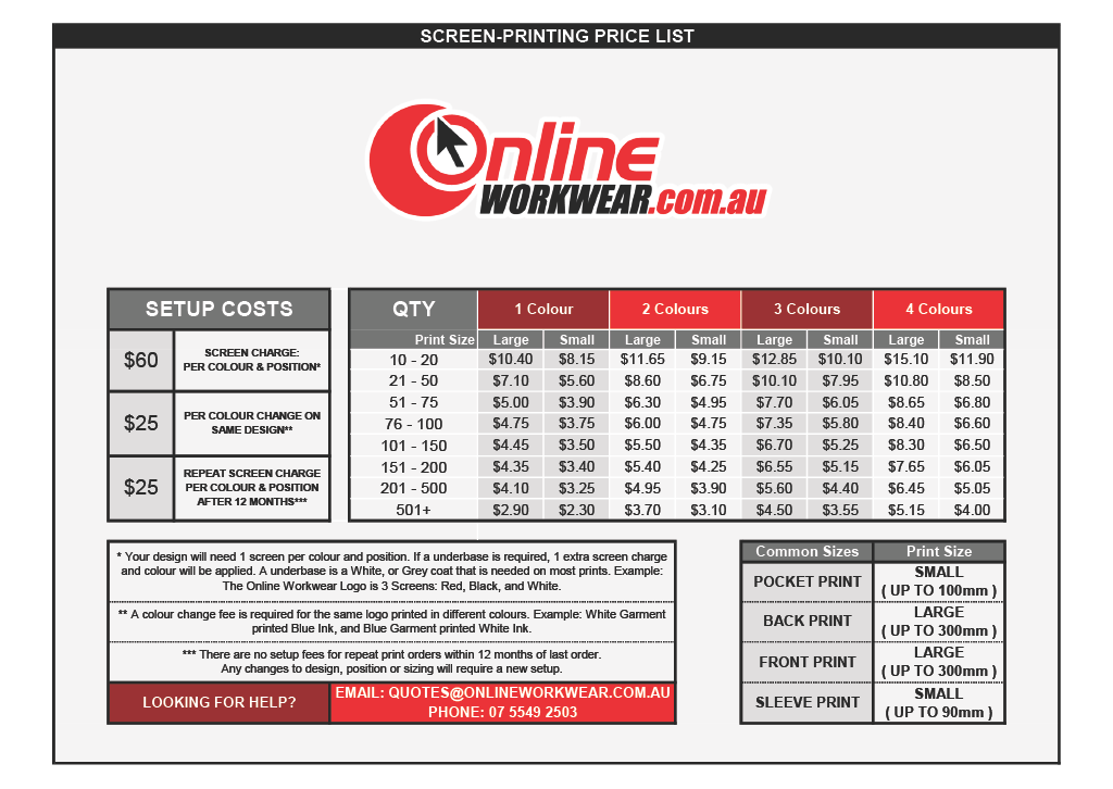 Uniform screen printing price list, Online Workwear