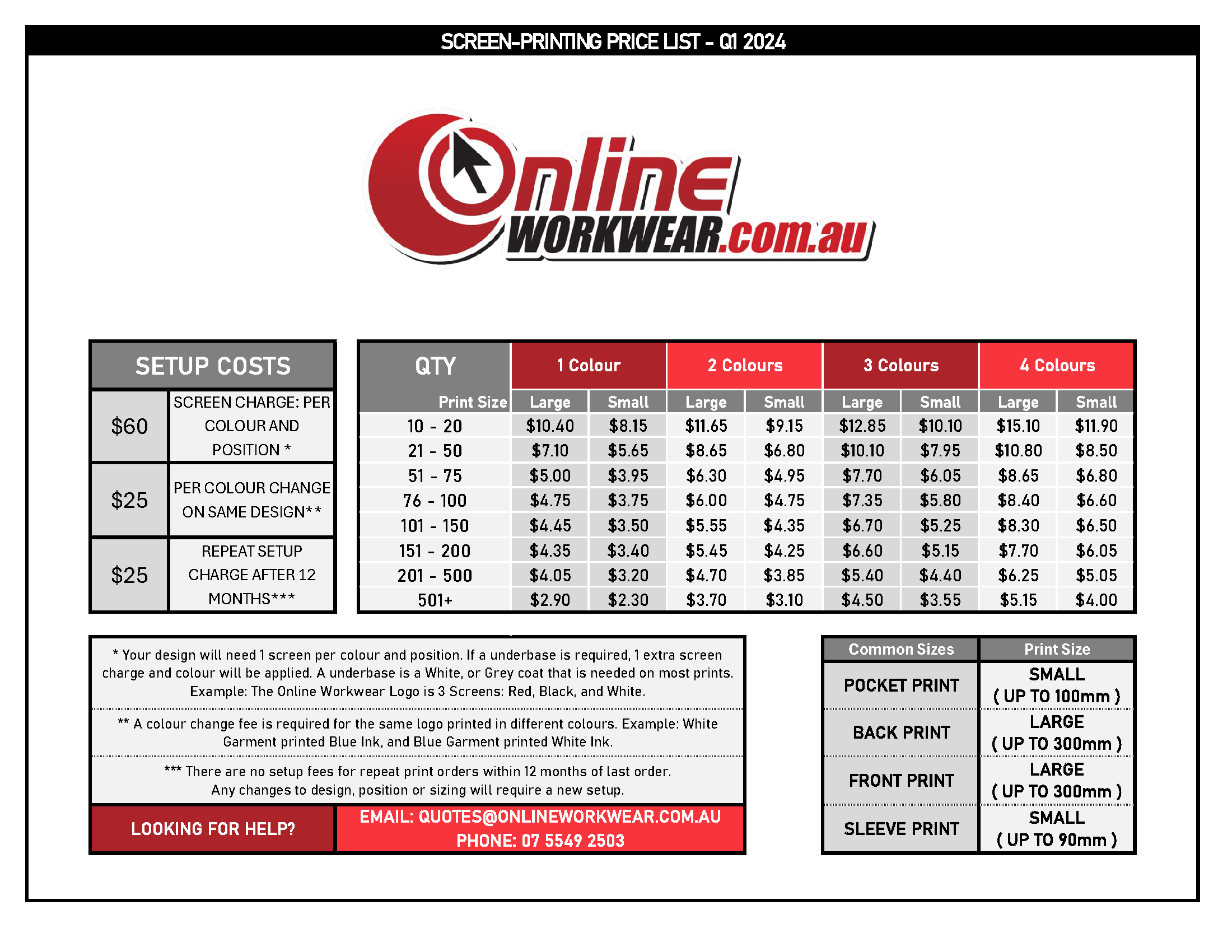 Uniform screen printing price list, Online Workwear