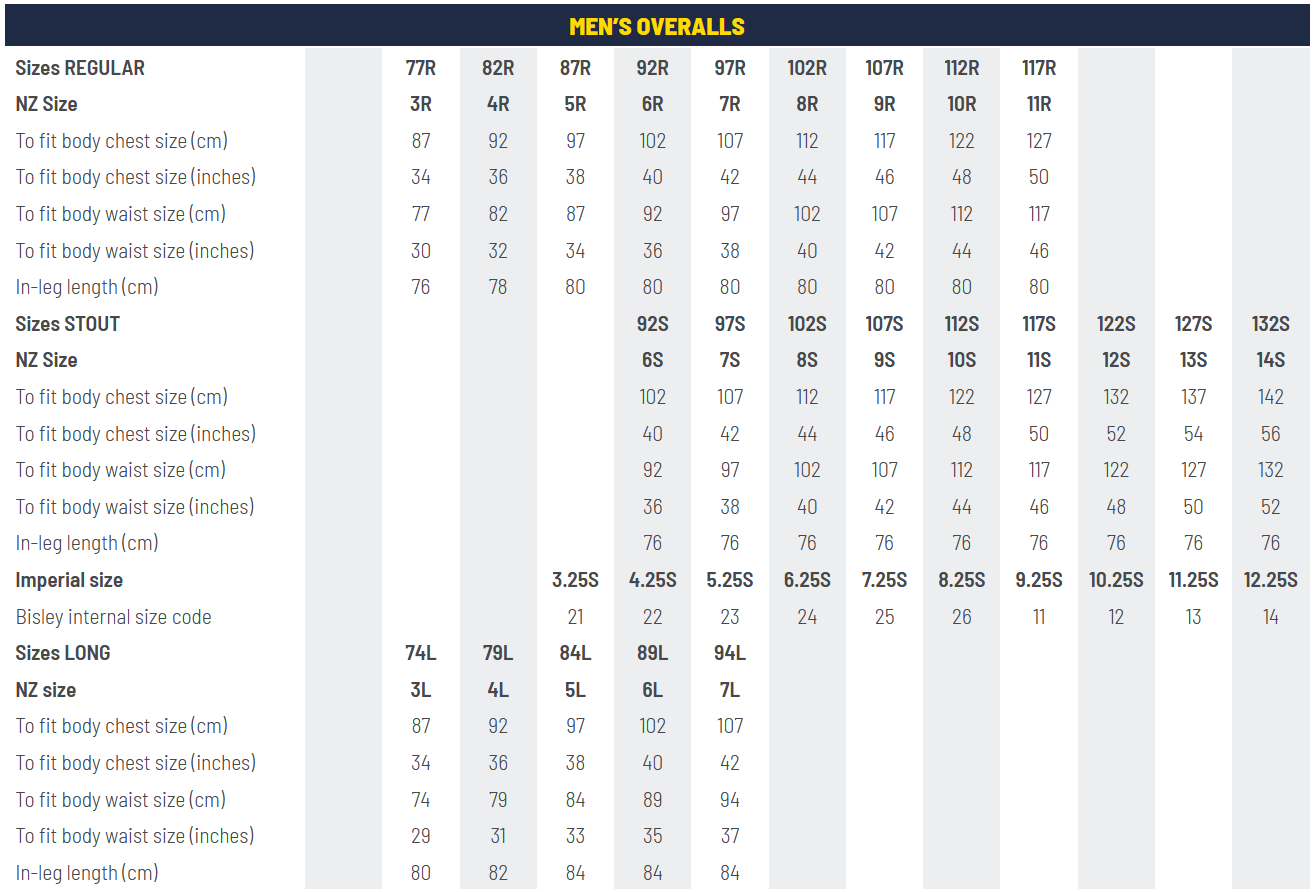 Bisley Workwear Size Guide - Online Workwear