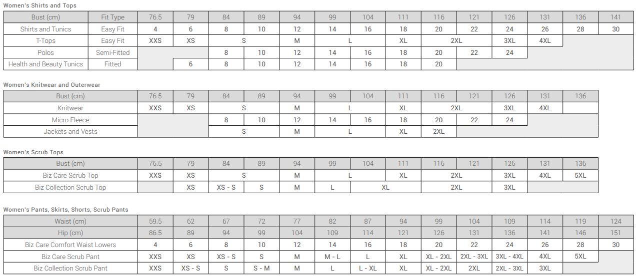 Biz Care Size Guide