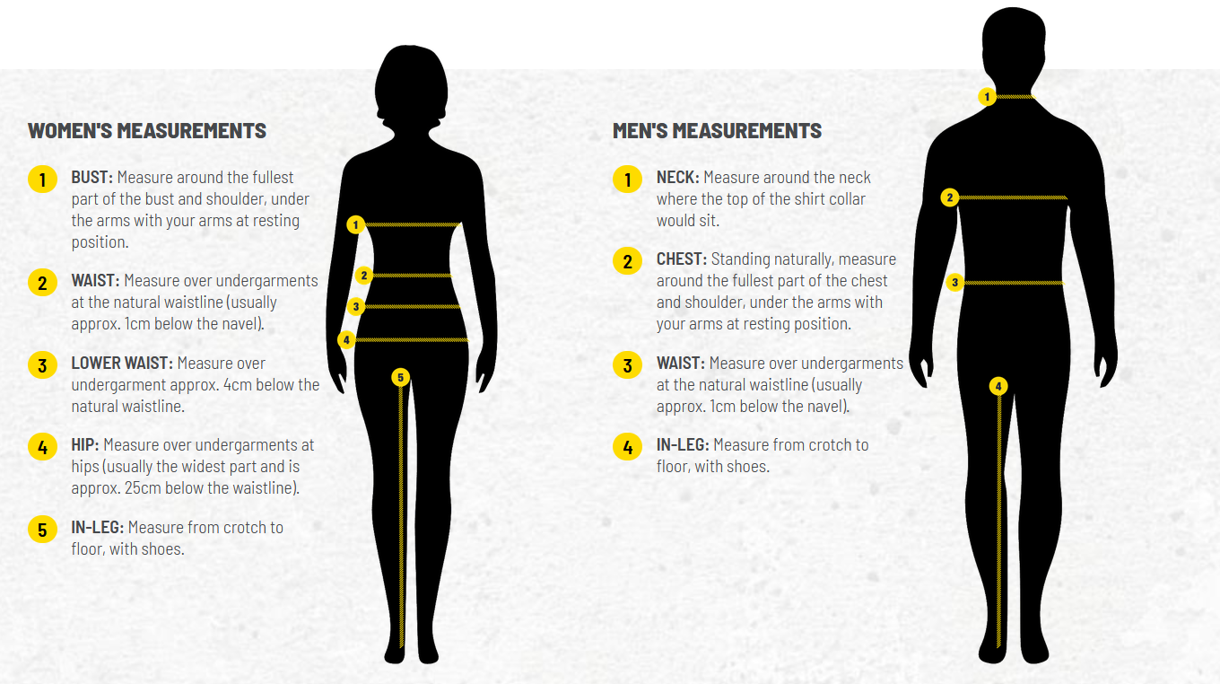 Size guide for workwear