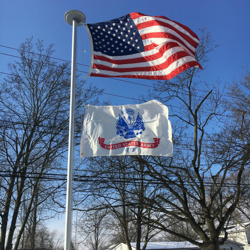 United States Army Flag flying proudly. 2'x3' under a 3'x5' American Flag on the 21' Classic Flag Pole. All 100% Made in the U.S.A.