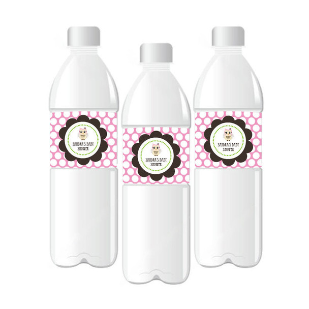 Pink Owl Personalized Water Bottle Labels