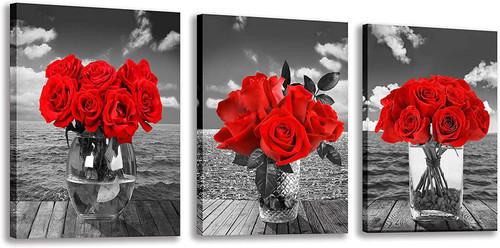 3 Pieces Canvas Wall Art Red Rose Picture Prints Black and White Artworks Floral Painting for Modern Living Room Bedroom Decor