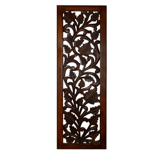 Mango Wood Wall Panel Hand Crafted with Leaves and Scroll Work Motif, Brown