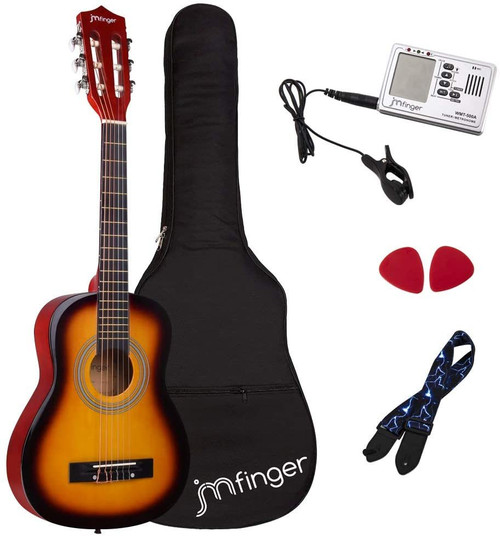 JMFinger Beginner Classical Guitar 30 Inch Kids Nylon Strings Guitar with Gig Bag, Strap, Picks, 3 in 1 Metronome & Tuner, Sunburst