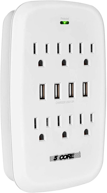 6 Outlet Wall Plug Extender with 4 USB Ports (4.8A Total), Multi Plug Outlet Adapter Wall Surge Protector 15A Electrical Outlet Expander with USB Ports 5 Core WMS 6S 4USB