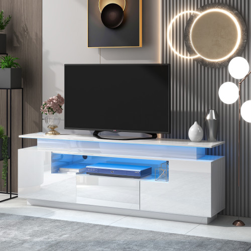 Modern, Stylish Functional TV stand with Color Changing LED Lights, Universal Entertainment Center, High Gloss TV Cabinet for 75+ inch TV