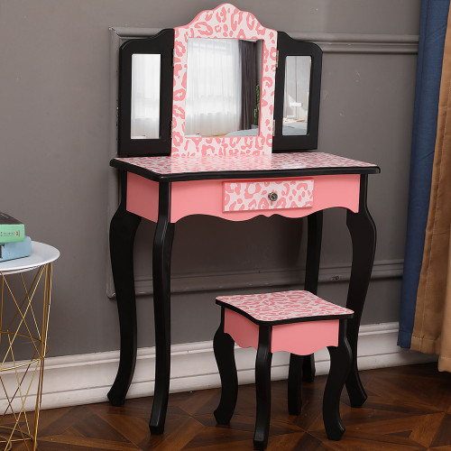  Kids Gisele Leopard Print Wooden Vanity Set with Tri-Fold Mirror Table and Chair, Pink/Black,