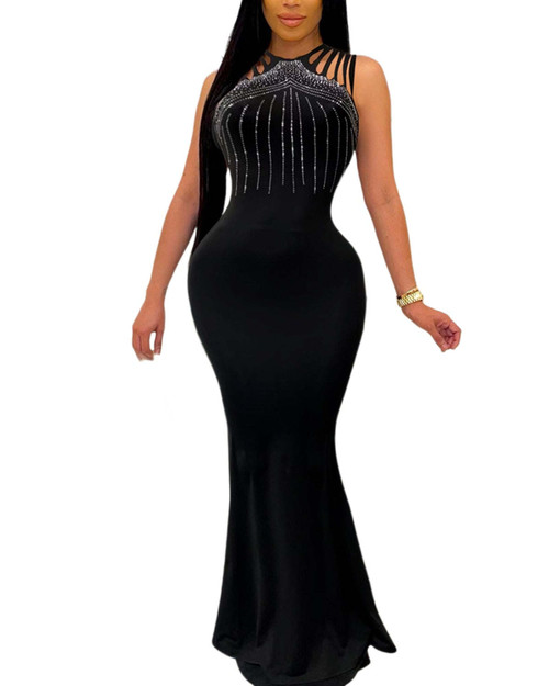 ANJAMANOR Elegant Sexy Evening Dresses for Women Party Classy Night Club Sparkle Rhinestone Black Bodycon Maxi Dress