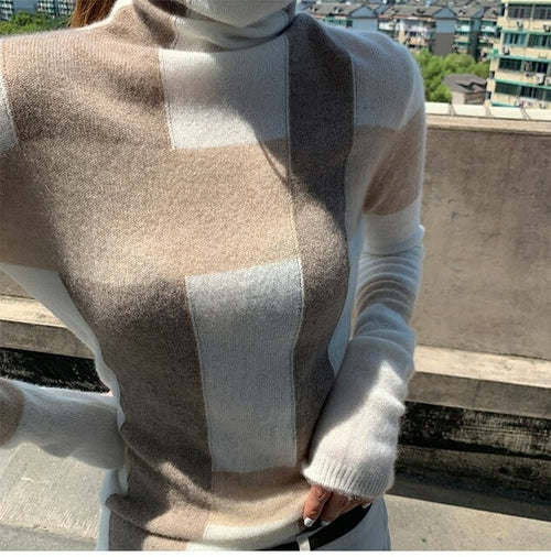 New Cashmere Sweater Women's High-neck Color Matching 100% Pure Wool