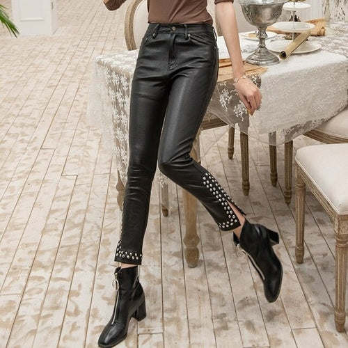 Skinny Sexy Genuine Leather Straight Pants Women Elastic Push Up High