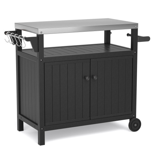 Outdoor Grilling Table with Storage,,Waterproof Outdoor Grill Cabinet,Stainless Steel Tabletop Outdoor Kitchen Island,BBQ Cart with Wheels,Hooks and Side Shelf