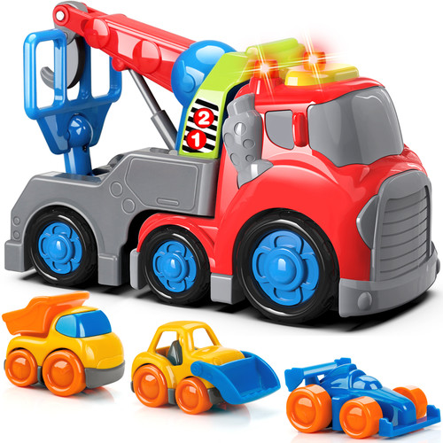 Toy Crane Trucks for Boys 1/2/3 Years Old, Construction Truck Toy Set Toddlers Boys Girls Toys, Push and Go Play Vehicle Crane, Bulldozer, Dumper, Race Car with Sounds RT