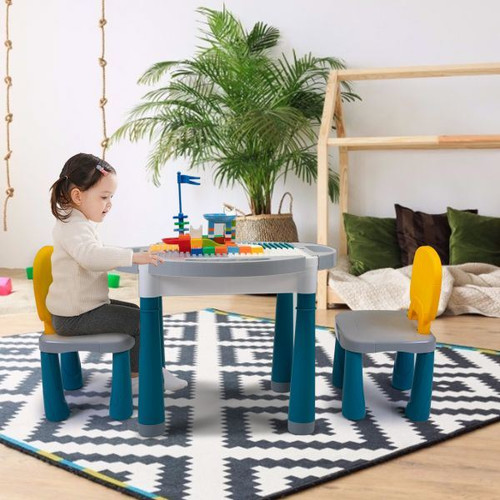 6-In-1 Multi Activity Plastic Table and 2 Chair Set, Play Block Table with 71 PCS Compatible Big Building Bricks Toy for Toddlers, Water Table, Play Learn xh