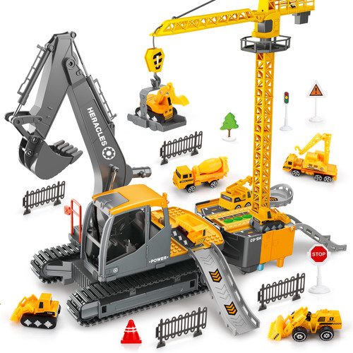 Construction Truck Toys for 3 4 5 6 Year Old Boys, Big Excavator Toy Engineering Vehicles with Play Mat, Large Tower Crane, 8 Mini Truck & Road Signs for Toddler Kids RT