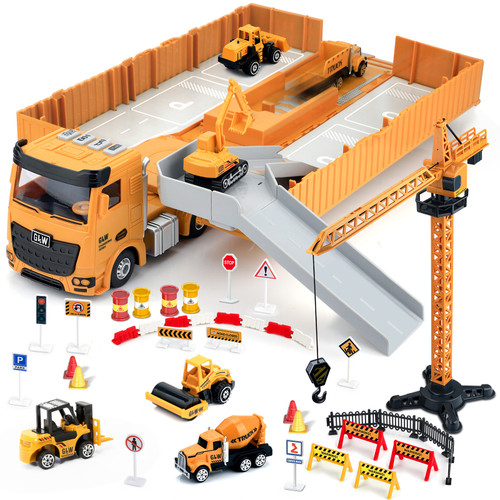 (Do Not Sell on Amazon) Construction Toys with Crane, Construction Vehicles Playset for Kids, Matchbox Bulldozer, Forklift, Steamroller, Dump, Cement Mixer, Excavator, Engineering Crane RT