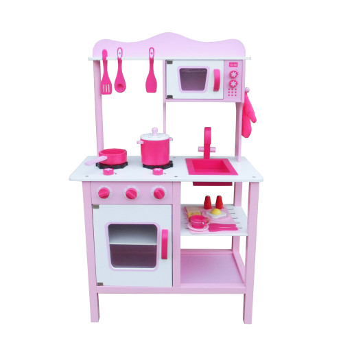 Kids Pretend Play Wooden Kitchen for Girl Cooking Food Playset XH