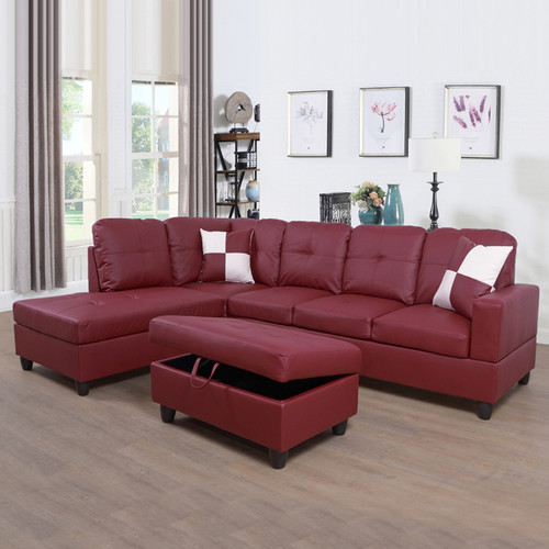 Red Faux Leather 3-Piece Couch Living Room Sofa Set