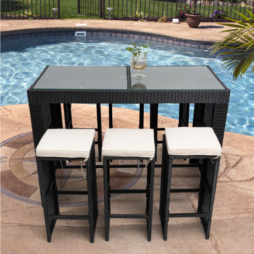 7 Piece Patio Rattan Wicker Outdoor Furniture Bar Set with 6 Stools Removeable Cushions and Temper glass Top