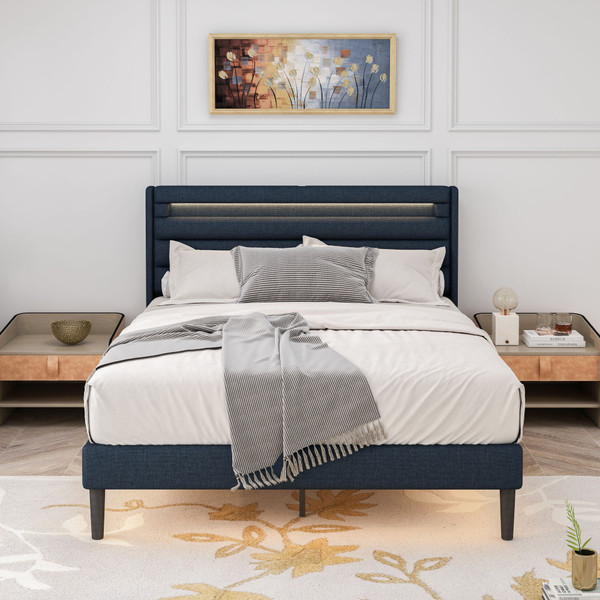 Queen Size Bedframe with LED Bedside Induction Light, Wrapped in Linen, Bedside Atmosphere Light, Anti Slip and Noise Free, Easy to Assemble, Dark Blue